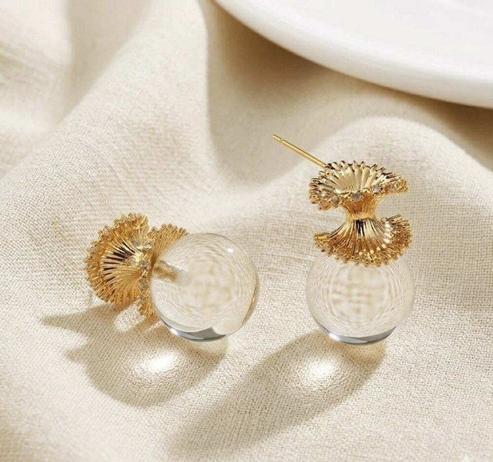Anthropologie Earring Gold Clear Lucite Orb Crystal Ball VTG CZ Fluted Cap Boho